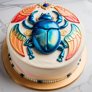 glossy, specular, oblique view
decorated buttercream cake of iconic Egyptian scarab,  Scarabaeus sacer,  peach frosting with iridescent lapis lazuli, red and gold highlights, seamless rainbow iridescent paisley gold filigree. cake has a smooth, glossy surface, clear division down the middle of shell and six legs. scarab  on marble counter with subtle veining in shades of white and gray, opulent presentation. lighting emphasizes glossy finish of cake, rich colors of the scarab's design.