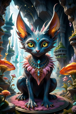 Full-body photorealistic portrait of a fantastical creature, crouching. Features include: large, round head, blue-gray textured skin, scalloped pattern, large yellow eyes with green centers, orange rims, large pointed ears fading from pink to orange, sparse black hairs, small puckered mouth, pronounced chin, dark necklace with ornate pendant, long slender fingers, sharp claws, inside a mysterious, otherworldly cave with crystals on ceiling and walls
