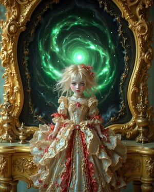 "A hauntingly beautiful vintage porcelain doll dressed in an ornate, old-fashioned dress, sitting on an ornate yellow shelf. The doll has a pale white face with delicate features and piercing glassy blue eyes. Its expression is melancholic, with soft pink blush and subtly defined red lips. The doll's wild, platinum-blonde hair is styled messily and adorned with small golden accents and ribbons. The dress is elaborately crafted, with layers of lace, velvet, and floral embroidery in shades of cream and deep red. Behind the shelf, a supernatural scene unfolds: a swirling, misty portal with a green phosphorescent maelstrom and ghostly forms emerging, creating an unsettling contrast with the doll's elegant appearance. The doll's proportions are distinctly doll-like, with slightly larger eyes and a smaller body in relation to the head, giving it a surreal, almost otherworldly feel. The overall atmosphere is eerie yet beautiful, blending vintage elegance with a sense of supernatural mystery.".,Midjourney_Whisper,