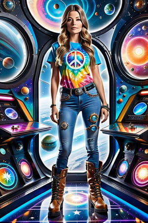 airbrush
full body portrait
female starship captain looking outa window to stars, with hippie vibe.captain has long hair, colorful  tie-dye shirt with uniform-like embellishments, and bell-bottom jeans with a starship insignia. boots on metal floor,  starship console with flowers and peace symbols, background  view of space with planets and stars, and the overall atmosphere is a blend of futuristic technology and 1960s counterculture.