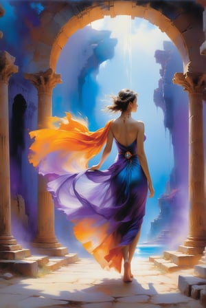 airbrush by pino daeni, back view, A surreal scene where a barefoot woman in a flowing gown walks toward a swirling portal of vibrant blue, orange, and purple plasma in the shape of a galaxy. The gown moves with the portal's energy. The backdrop includes ancient stone ruins and pillars, creating a timeless, magical atmosphere. The woman approaches the portal confidently, evoking a sense of transformation and exploration.

