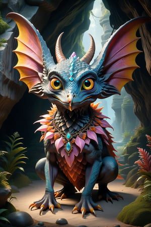 Full-body photorealistic portrait of a fantastical creature, crouching. Features include: large, round head, blue-gray textured skin, scalloped pattern, large yellow eyes with green centers, orange rims, large pointed ears fading from pink to orange, sparse black hairs, small puckered mouth, pronounced chin, dark necklace with ornate pendant, long slender fingers, sharp claws, inside a mysterious, otherworldly cave with crystals on ceiling and walls
