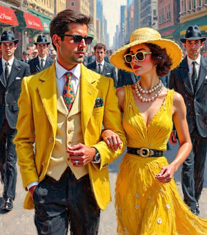 An impressionistic painting of a sophisticated couple from the 1920s walking arm in arm down a bustling city street. The man, exuding elegance, wears a light yellow blazer over a vest, a pastel-patterned tie, and round, tinted glasses. He has dark hair, and his expression radiates arrogance. The woman, equally stylish, dons a flowing sleeveless dress with layers of pearl necklaces, a bold belt, and a wide-brimmed hat with a soft pastel band, complementing her round glasses. The backdrop features classic 1920s cars and men in suits and hats, adding to the lively, nostalgic atmosphere of a bygone era. The loose, impressionistic brushstrokes create a dreamy, ethereal quality, enhancing the timeless charm and sophistication of the scene.