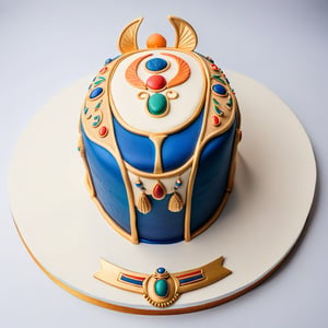 exquisite and artistic cake, shaped like elongated elliptical, covered in a smooth layer of peach buttercream frosting. centerpiece of cake is a large, intricately detailed scarab, with ancient Egyptian-inspired motifs, vibrant colors, lapis lazuli blue, gold, and red highlights. scarab's detailed design complements the cake's shape, creating irresistible masterpiece. luxurious dessert, adorned with luxurious finishes and craftsmanship, is presented on a pristine white surface, waiting to be admired and enjoyed.,Egyptian mythology style