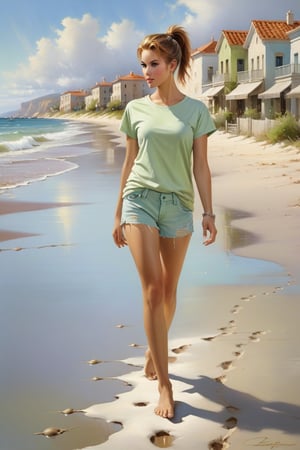 commercial airbrush art style emphasizing earth tones and muted color by pino daeni,
Front view, Young woman with auburn ponytail, barefoot on sandy beach, facing viewer. Wears light green solid T-shirt without text, light blue denim shorts. T-shirt loosely tucked. Full body visible, leaving footprints in sand. Coastal town with weathed stucco, light facades, background people. Clear sky, fluffy clouds, warm sunny vibe. Soft lighting, vibrant colors. Gentle shadows, detailed footprints, textured buildings for depth.