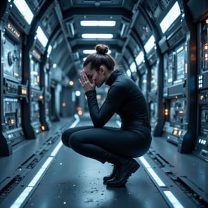 An oblique, partly sideways view of a stressed woman crouching in the corridor of a futuristic starship. She is wearing a sleek, form-fitting futuristic jumpsuit, with her hair neatly tied in a bun. The woman is resting her elbows on her knees and pressing her forehead into her clasped hands, appearing overwhelmed or deep in thought. The corridor features advanced technology with metallic walls, glowing panels, and smooth, sleek design elements, evoking a spacefaring environment. The mood is somber and reflective.