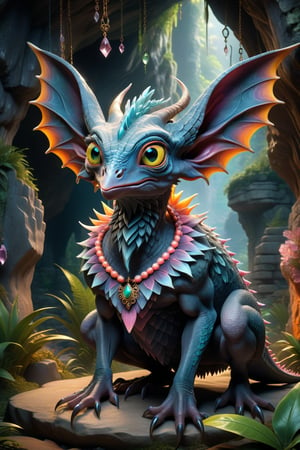 Full-body photorealistic portrait of a fantastical creature, crouching. Features include: large, round head, blue-gray textured skin, scalloped pattern, large yellow eyes with green centers, orange rims, large pointed ears fading from pink to orange, sparse black hairs, small puckered mouth, pronounced chin, dark necklace with ornate pendant, long slender fingers, sharp claws, inside a mysterious, otherworldly cave with crystals on ceiling and walls
