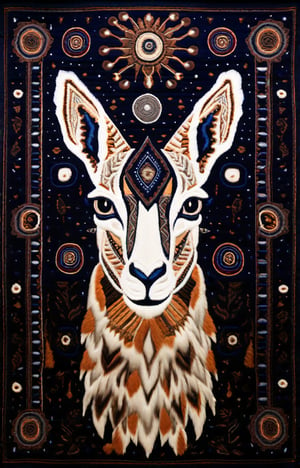 tapestry wall hanging by pablo amaringo, alex grey
 stylized and vibrant alpaca in front view symmetrical pose. alpaca soft, woolly texture earthy tones brown, cream, beige. background deep midnight blue with intricate geometric patterns and celestial motifs, accented with hints of deep greens. The tapestry's borders feature detailed, woven patterns with earth tones, creating a harmonious balance. overall design has  mystical feel, texture of tapestry clearly visible, tactile, handmade quality and the natural use of alpaca wool.