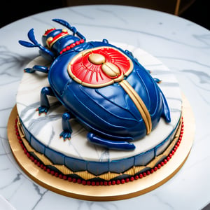 A decorated buttercream cake in the shape of a traditional Egyptian scarab beetle, primarily in lapis lazuli blue with red and gold highlights, presented in an oblique view. The cake has a smooth, glossy surface, with a clear division down the middle of the shell and six legs. The scarab is placed on a luxurious marble counter, with the marble featuring subtle veining in shades of white and gray, adding to the overall opulent presentation. The lighting emphasizes the glossy finish of the cake and the rich colors of the scarab's design.