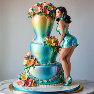 A buttercream cake sculpture full body closeup of a crouching barefoot woman in an iridescent glossy bodycon minidress floral with high collar, with hourglass figure decorated in elaborate colorful designs,  displayed on a marble counter, there is buttercream frosting with iridescent gloss, sugar flowers, and piping, 
