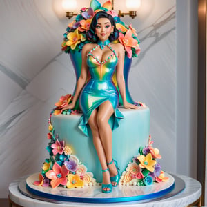 A buttercream cake sculpture full body closeup of a crouching barefoot woman in an iridescent glossy bodycon minidress floral with high collar, with hourglass figure decorated in elaborate colorful designs,  displayed on a marble counter, there is buttercream frosting with iridescent gloss, sugar flowers, and piping, 
