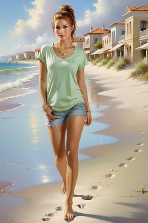 commercial airbrush art style emphasizing earth tones and muted color by pino daeni,
Front view, Young woman with auburn ponytail, barefoot on sandy beach, facing viewer. Wears light green solid T-shirt without text, light blue denim shorts, shell necklace, T-shirt loosely tucked. Full body visible, leaving footprints in sand. Coastal town with weathed stucco, light facades, background people. Clear sky, fluffy clouds, warm sunny vibe. Soft lighting, vibrant colors. Gentle shadows, detailed footprints, textured buildings for depth.