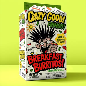 A vibrant and playful packaging design for frozen breakfast burritos. The box package features a hand-drawn, spiky-haired character holding a burrito with a wide, excited expression. The typography is bold, irregular, and hand-drawn, with phrases like 'Crazy Good!' and 'Wild Morning Flavor!' in bright, contrasting colors like yellow, red, and green. The box background is playful, doodle-like elements such as suns, peppers, and beans. It is shown against a green guacamole background. The overall style is intentionally naive and amateurish, giving it a fun and energetic appeal.