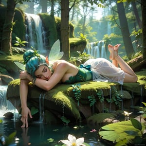 score_9, score_8_up, score_7_up full body fairy portrait 
fantasy, enchanted meadow, fairy world,
oblique view medium shot, facing viewer, young fairy wearing sparkling gosammer dress, iridescent hair tied with bow, smooth skin, barefoot,
in forest clearing with ferns,
 prone position, lying prone on stomach with both feet crossed raised high behind her, forearms on moss, near waterfall, perfect feet, beautiful feet, toes




