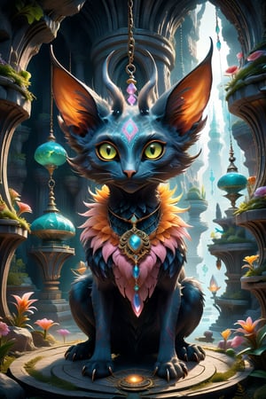 Full-body photorealistic portrait of a fantastical creature, crouching. Features include: large, round head, blue-gray textured skin, scalloped pattern, large yellow eyes with green centers, orange rims, large pointed ears fading from pink to orange, sparse black hairs, small puckered mouth, pronounced chin, dark necklace with ornate pendant, long slender fingers, sharp claws, inside a mysterious, otherworldly cave with crystals on ceiling and walls
