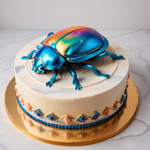 glossy, specular, oblique side view,
decorated buttercream cake of iconic Egyptian scarab,  Scarabaeus sacer, six legs,  peach frosting with iridescent lapis lazuli, red and gold highlights, seamless rainbow iridescent paisley gold filigree, silver dragees, cake has a smooth, glossy surface, clear division down the middle of shell and six legs. scarab  on marble counter with subtle veining in shades of white and gray, opulent presentation. lighting emphasizes glossy finish of cake, rich colors of the scarab's design.