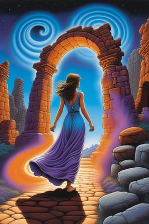 airbrush by r crumb, back view, A surreal scene where a barefoot woman in a flowing gown walks toward a swirling portal of vibrant blue, orange, and purple plasma in the shape of a galaxy. The gown moves with the portal's energy. The backdrop includes ancient stone ruins and pillars, creating a timeless, magical atmosphere. The woman approaches the portal confidently, evoking a sense of transformation and exploration.

