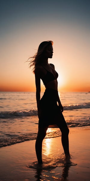 Insanely detailed professional photograph of a Silhouette of a model  sunset, beach summer vibe , Double exposure, crisp lines, Ultra realistic