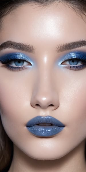 a close up of a woman with a blue eye shadow on her face, official dior editorial, trending on pintrest, very smoky, dreamy, stunning gradient colours, transforming into werewolf, aesthetic! ! ! ! ! ! ! ! ! ! , closed-eyes, pretty oval face, inspired by Muqi, trending on tumblr, no spot over right eye --ar 3:5 --stylize 750 --v 6. 0 --style raw