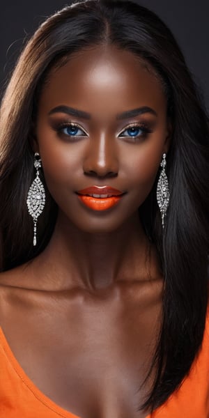 (best quality, masterpiece, top quality, highres, 8K, official art, beautiful and aesthetic:1.2), sharp focus, Generate hyper realistic image of a beautiful African student model, beautiful as if alive, close up face, ((( very dark black skin))), looking at the viewer, black very long straight hair, mesmerizing blue eyes, fairy smile, makeup, black skin, red lipstick, earring, necklanc, shiny, glistening skin

I used a 90×60 cm softbox as main light, derezzation was done with a 100 cm silver derezz. I like the light because it's really soft. I lit the background with a base reflector with an orange colour foil on it.  Here you can see a darker tonal world with deeper blacks and more suggestive highlights. The orange light on the background adds warmth to the image, creating a romantic mood. black background