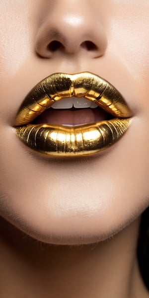 Golden lipstick closeup. Metal gold lips. Beautiful makeup. Sexy lips, bright paint on beautiful model girl's mouth, close-up. Clack and white. Metallic Lipstick closeup. Isolated on black background
