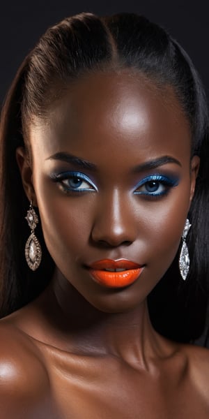 (best quality, masterpiece, top quality, highres, 8K, official art, beautiful and aesthetic:1.2), sharp focus, Generate hyper realistic image of a beautiful African student model, beautiful as if alive, close up face, ((( very dark black skin))), looking at the viewer, black very long straight hair, mesmerizing blue eyes, fairy smile, makeup, black skin, red lipstick, earring, necklanc, shiny, glistening skin

I used a 90×60 cm softbox as main light, derezzation was done with a 100 cm silver derezz. I like the light because it's really soft. I lit the background with a base reflector with an orange colour foil on it.  Here you can see a darker tonal world with deeper blacks and more suggestive highlights. The orange light on the background adds warmth to the image, creating a romantic mood. black background