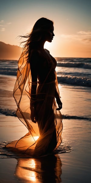 Insanely detailed professional photograph of a Silhouette of a model filled with a sunset beach summer vibe , Double exposure, crisp lines, Ultra realistic