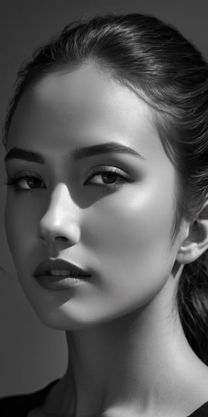 a black and white photo of a woman with shadow., in the style of minimalist beauty, light bronze and bronze, serene faces, sharp edges, karencore, high definition, contrast shading, realism --ar 3:5 --stylize 750 --v 6.0 --style raw