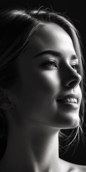 a black and white photo of a woman with shadow., in the style of minimalist beauty, light bronze and bronze, serene faces, sharp edges, karencore, high definition, contrast shading, realism --ar 3:5 --stylize 750 --v 6.0 --style raw, smile, face in profile, close up