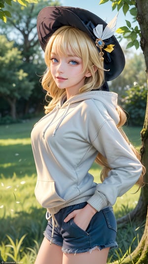 1 girl, solo, mature lady, navia \(genshin impact\), blonde hair, blue eyes, yellow bow, fancy hat, small breasts, grey hoodie(hood down), black shorts, smile, grass, tree, branches, open fields, look at viewer, hands in hoodie pocket, best quality, potrait, (extremely detailed CG unity 8k wallpaper, masterpiece, best quality, ultra-detailed, best shadow), (detailed background), (beautiful detailed face, beautiful detailed eyes), High contrast, (best illumination, an extremely delicate and beautiful),  realistic, ,navia (genshin impact),perfect light,navia \(genshin impact\)