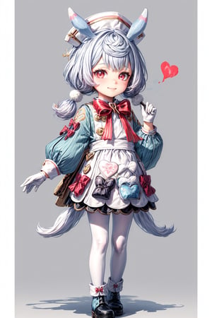 sigewinne \(genshin impact\), 1girl, solo, white gloves, red eyes, pom pom \(clothes\), long sleeves, twintails, red bow,white headwear, animal ears, white apron, white pantyhose, bowtie, dress, blue hair, pom pom hair ornament, heart satchel, boots, vision \(genshin impact\), 4k wallpaper, simple backgroud, little kid, light smile, flat chested,