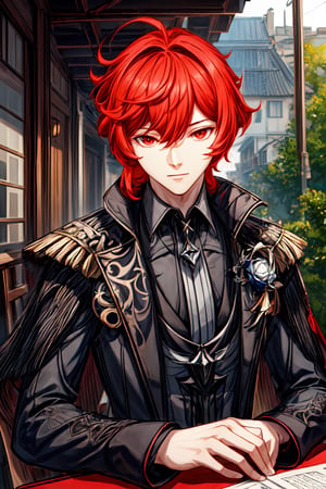 1boy, solo, diluc \(genshin impact\), male focus,  red eyes, red hair, overgrown hair, long hair, black coat, outdoor, sitting, coffee table, canopy, cafe shop,  look at viewer, best quality, potrait, (extremely detailed CG unity 8k wallpaper, masterpiece, best quality), (detailed background), High contrast, (best illumination, an extremely delicate and beautiful), realistic, perfect light,diluc \(genshin impact\)