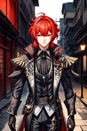 1boy, solo, diluc \(genshin impact\), male focus,  red eyes, red hair, overgrown hair, long hair, black coat, outdoor, back alley, midnight, dark place, tall building, city, look at viewer, best quality, potrait, (extremely detailed CG unity 8k wallpaper, masterpiece, best quality), (detailed background), High contrast, (best illumination, an extremely delicate and beautiful), realistic, perfect light,diluc \(genshin impact\)