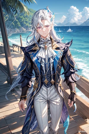 1 boy, solo, ages 500, calestial dragon, Neuvillette, long hair, grey hair, multicolored hair, hair ornament, purple eyes, sharp eyes, jewelry, wear white suits, white pants, look at viewer,  extends his hand, beach, blue sea, ocean, summer, sun, masterpiece, best quality, (extremely detailed CG unity 8k wallpaper, masterpiece, best quality, ultra-detailed, best shadow), (detailed background), High contrast, (best illumination, an extremely delicate and beautiful), anime, Neuvillette,Neuvillette,neuvillette,perfect light