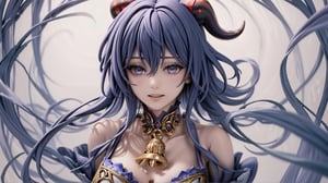 1girl, solo, close up, ganyu, light blue hair, long hair, low ponytail, purple eyes, red goat horns, ribbon with bell on her neck,  real-photograph, wide-angle view, lifelike female anime-doll is kicking, curvy-body, real-doll-style, 80's-style glamour-shot, contrasting colors,realistic photograph, source lighting, rim lighting, radial lighting, intricate, ornate, elegant and refined,High detailed,horror,More Detail,