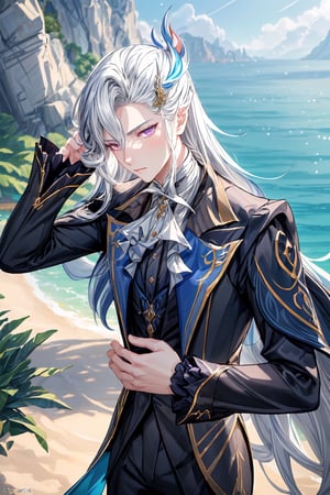1 boy, solo, ages 500, calestial dragon, Neuvillette, long hair, grey hair, multicolored hair, hair ornament, purple eyes, sharp eyes, jewelry, wear white suits, white pants, look at viewer, outdoor, beach, sun, sea, masterpiece, best quality, (extremely detailed CG unity 8k wallpaper, masterpiece, best quality, ultra-detailed, best shadow), (detailed background), High contrast, (best illumination, an extremely delicate and beautiful), anime, Neuvillette,Neuvillette,neuvillette,perfect light