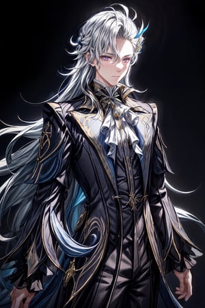 1 boy, solo, ages 500, calestial dragon, Neuvillette, long hair, grey hair, multicolored hair, hair ornament, purple eyes, sharp eyes, jewelry, wear white suits, white pants, masterpiece, best quality, (extremely detailed CG unity 8k wallpaper, masterpiece, best quality, ultra-detailed, best shadow), (detailed background), High contrast, (best illumination, an extremely delicate and beautiful), anime, Neuvillette,Neuvillette,neuvillette