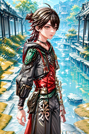 1boy, solo, gaming (genshin impact), brown hair, golden eyes, multicolor hair, overgrown hair, standing, black outfits, outdoor, sea, boat, birds, best quality, potrait, (extremely detailed CG unity 8k wallpaper, masterpiece, best quality), (detailed background), High contrast, (best illumination, an extremely delicate and beautiful), realistic, perfect light, gaming (genshin impact),perfect light,gaming (genshin impact)