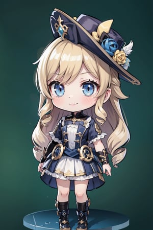 1 girl, chibi navia, wear hat, smiling, blonde hair color, blue eyes, standing, forest background, high_resolution, high_res, high details, High detailed, ,More Detail, EpicArt, fantasy00d, Detailedface, masterpiece, best quality, navia_gi, ,navia, NaviaGenshin,chibi,Adorable,NaviaGenshin,high lights, vivid filter,fantasy00d