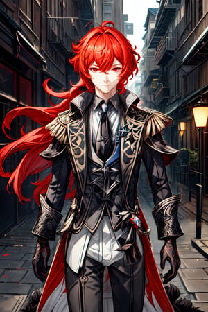 1boy, solo, diluc \(genshin impact\), male focus,  red eyes, red hair, overgrown hair, long hair, black coat, outdoor, back alley, midnight, dark place, tall building, city, look at viewer, best quality, potrait, (extremely detailed CG unity 8k wallpaper, masterpiece, best quality), (detailed background), High contrast, (best illumination, an extremely delicate and beautiful), realistic, perfect light,diluc \(genshin impact\)