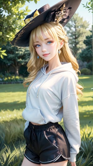 1 girl, solo, mature lady, navia \(genshin impact\), blonde hair, blue eyes, yellow bow, fancy hat, small breasts, grey hoodie(hood down), black shorts, smile, grass, tree, branches, open fields, look at viewer, hands behind back, best quality, potrait, (extremely detailed CG unity 8k wallpaper, masterpiece, best quality, ultra-detailed, best shadow), (detailed background), (beautiful detailed face, beautiful detailed eyes), High contrast, (best illumination, an extremely delicate and beautiful),  realistic, ,navia (genshin impact),perfect light,navia \(genshin impact\)