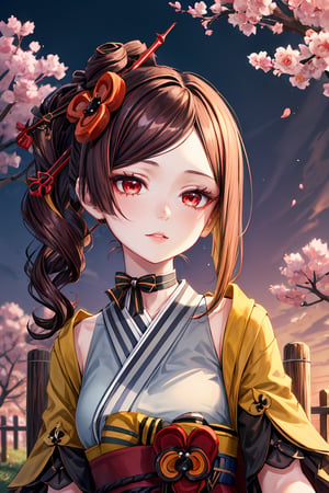 chiori gi, 1girl, solo, looking at viewer, brown hair, hair ornament, japanese clothes, black gloves, detailed background, closed mouth, red eyes, perfect light, closed_mouth, flower fields, sakura trees, dusk, light_smile, lips_apart, upper body, dynamic angle, 