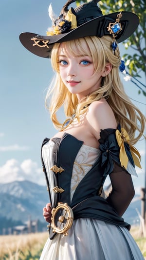 1 girl, solo, mature lady, navia (genshin impact), blonde hair, blue eyes, yellow bow, black dress, black thighhighs, cleavage, small breasts, bare shoulder, detached sleeves, jewelry, bow, witch hat, smile, grass, tree, branches, open fields, look at viewer, hands behind back, best quality, potrait, (extremely detailed CG unity 8k wallpaper, masterpiece, best quality, ultra-detailed, best shadow), (detailed background), (beautiful detailed face, beautiful detailed eyes), High contrast, (best illumination, an extremely delicate and beautiful),  realistic, ,navia (genshin impact),perfect light