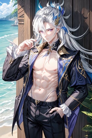 1 boy, solo, ages 500, calestial dragon, Neuvillette, long hair, grey hair, multicolored hair, hair ornament, purple eyes, sharp eyes, wear short pants, topless, look at viewer,  extends his hand, beach, blue sea, ocean, summer, sun, masterpiece, best quality, (extremely detailed CG unity 8k wallpaper, masterpiece, best quality, ultra-detailed, best shadow), (detailed background), High contrast, (best illumination, an extremely delicate and beautiful), anime, ,neuvillette, perfect light