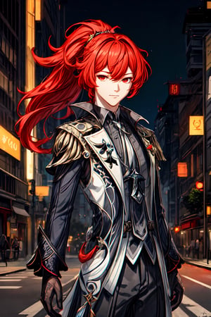 1boy, solo, diluc \(genshin impact\), red eyes, red hair, overgrown hair, long hair, ponytail, outdoor, in the middle of the road, traffic light, tall building, city, look at viewer, light smile, best quality, potrait, (extremely detailed CG unity 8k wallpaper, masterpiece, best quality), (detailed background), High contrast, (best illumination, an extremely delicate and beautiful), realistic, perfect light,diluc \(genshin impact\)