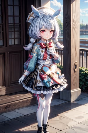 sigewinne \(genshin impact\), 1girl, solo, kid, white gloves, red eyes, pom pom \(clothes\), long sleeves, twintails, red bow,white headwear, animal ears, white apron, white pantyhose, bowtie, dress, blue hair, pom pom hair ornament, heart satchel, boots, vision \(genshin impact\), 4k wallpaper, simple backgroud, light smile, flat chested, outdoor, standing, 