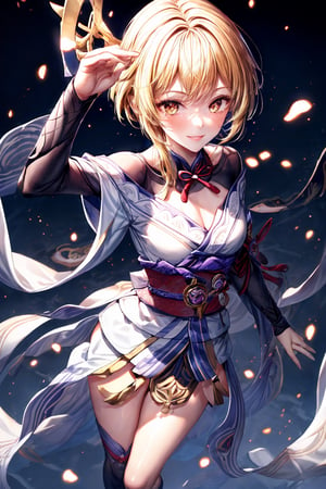 1 girl, lumine, golden eyes, blonde hair, short hair, wear raiden outfits, light smile, lips apart, from above view, high resolution. High quality, perfect hand, perfect finger, black thighs, dark backgrounds, detailed background, lumine_genshin,raidenshogundef