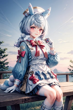 Sigewinne from Genshin Impact stands solo in a serene outdoor setting against a simple white and blue-toned background. She wears a red-eyed expression, her long sleeves and dress adorned with white pom poms and twintails tied up with a red bow. Animal ears and a white apron add whimsical charm. Blue pigtails feature heart-shaped pom pom ornaments. White gloves cover her hands, holding a vision-granting device. High-heeled boots, a red bow tie around her neck, and a heart-patterned satchel at her side create playful elegance. Blue hair, light smile, 