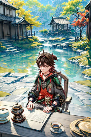 1boy, solo, gaming (genshin impact), brown hair, golden eyes, multicolor hair, overgrown hair, sitting, chair, table, teapot, outdoor, sea, boat, birds, light smile, look at viewer, best quality, (extremely detailed CG unity 8k wallpaper, masterpiece, best quality), (detailed background), High contrast, (best illumination, an extremely delicate and beautiful), realistic, perfect light, gaming (genshin impact)