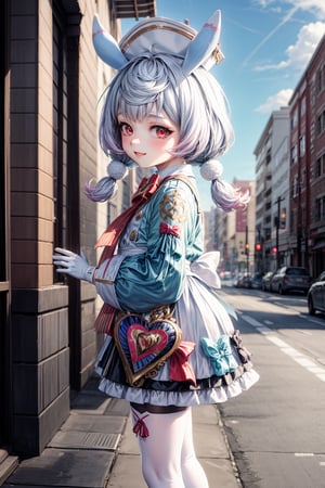 sigewinne \(genshin impact\), 1girl, solo, kid, white gloves, red eyes, pom pom \(clothes\), long sleeves, twintails, red bow,white headwear, animal ears, white apron, white pantyhose, bowtie, dress, blue hair, pom pom hair ornament, heart satchel, boots, vision \(genshin impact\), 4k wallpaper, simple backgroud, light smile, flat chested, outdoor, standing, 